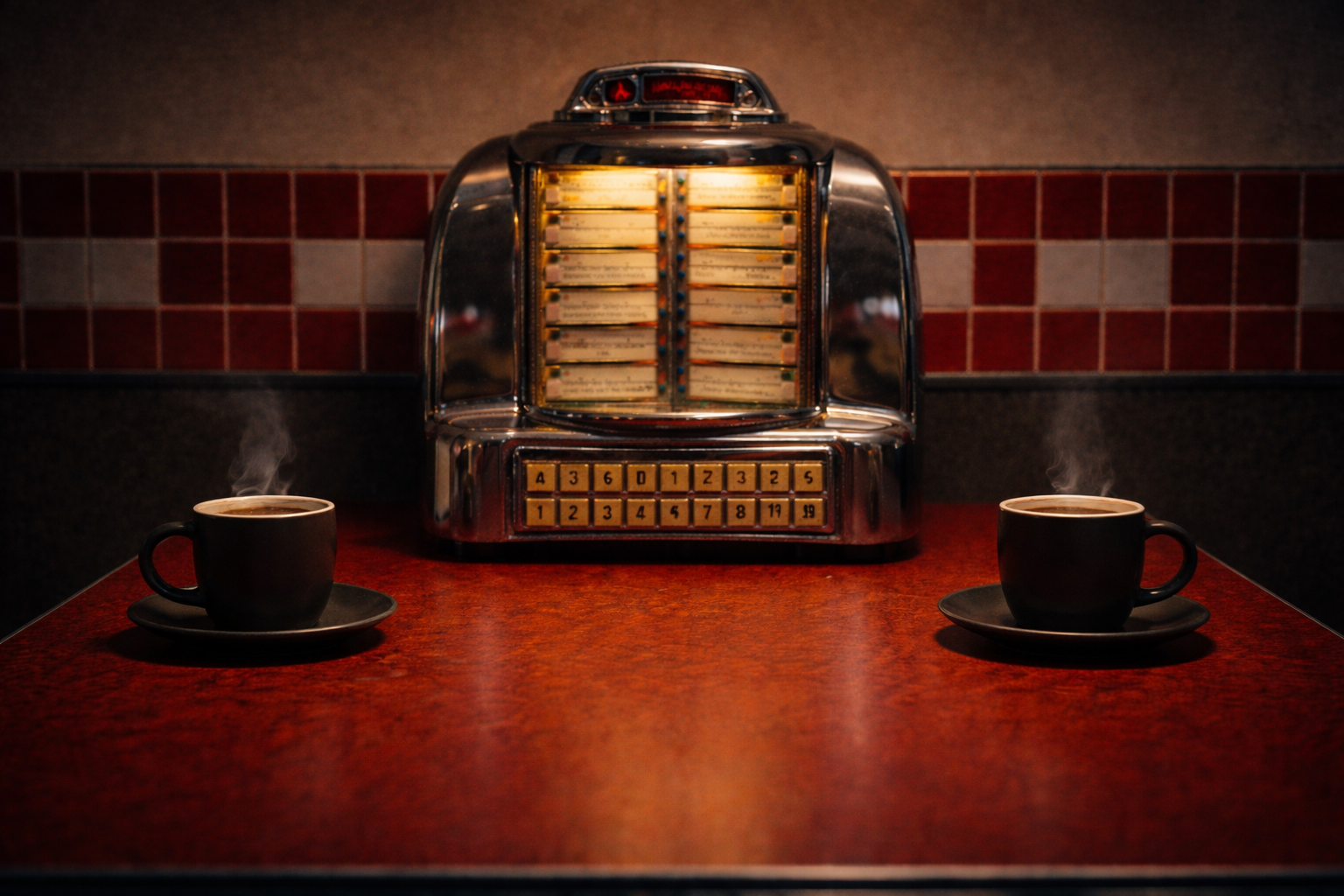Jukebox with steaming coffee cups